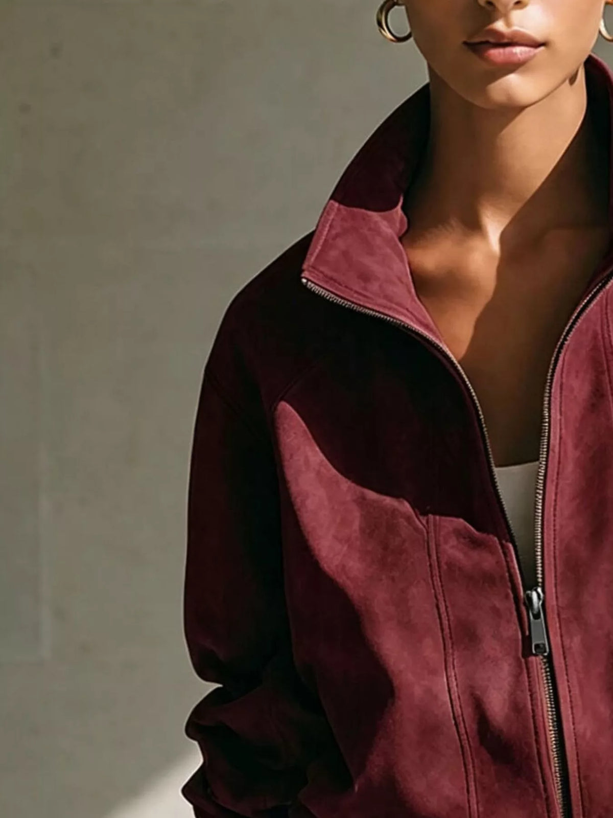 Faux Suede Stand-Collar Zip Jacket