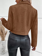 Faux Suede Moto Jacket in Coffee Brown, back worn view