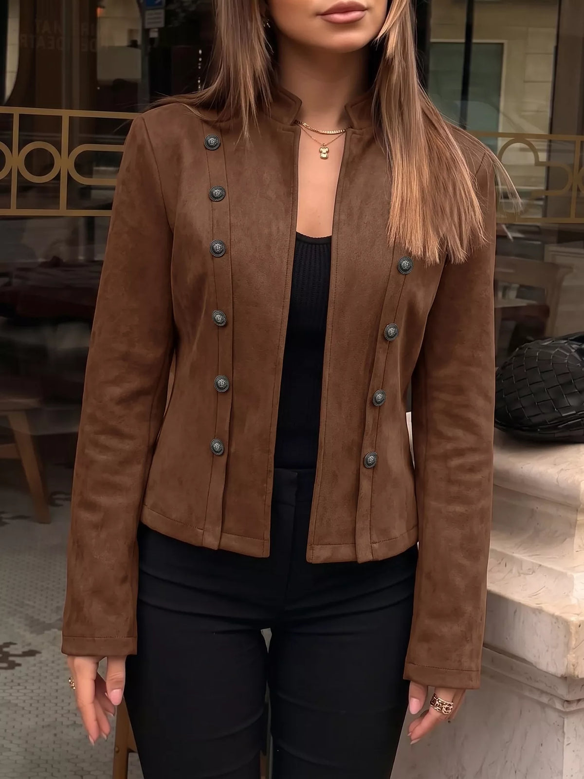 Cropped Stand-Collar Button Jacket