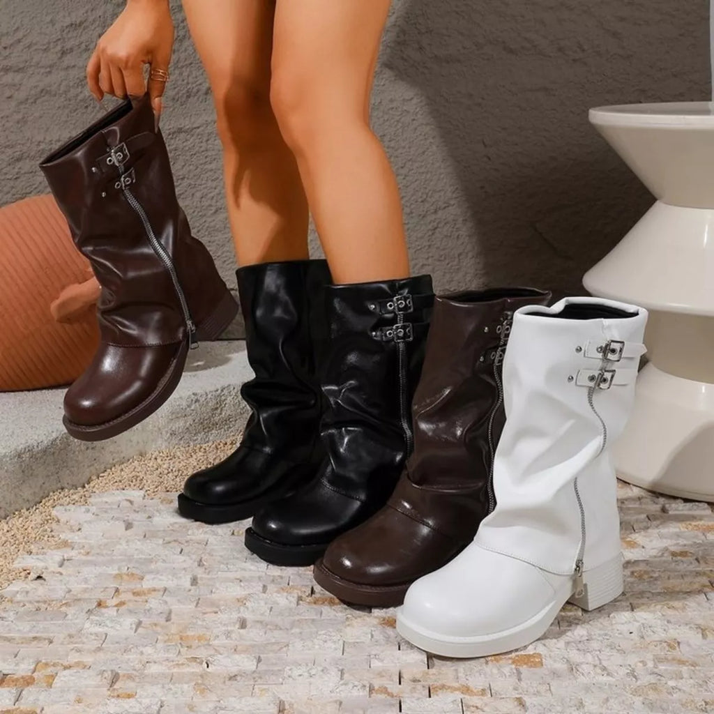 Mid-Calf Slouchy Buckle Boots