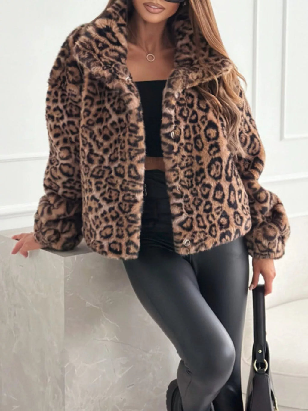 Cropped Leopard Faux-Fur Jacket, view 4