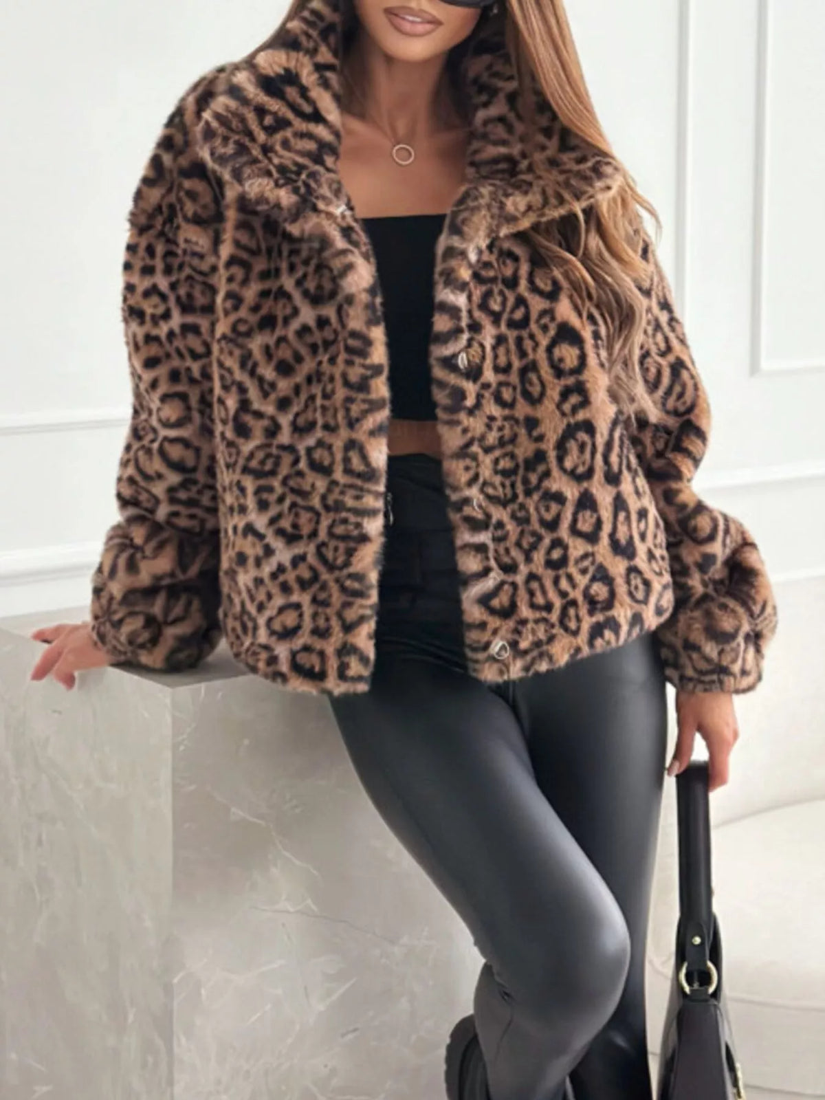 Cropped Leopard Faux-Fur Jacket, view 4