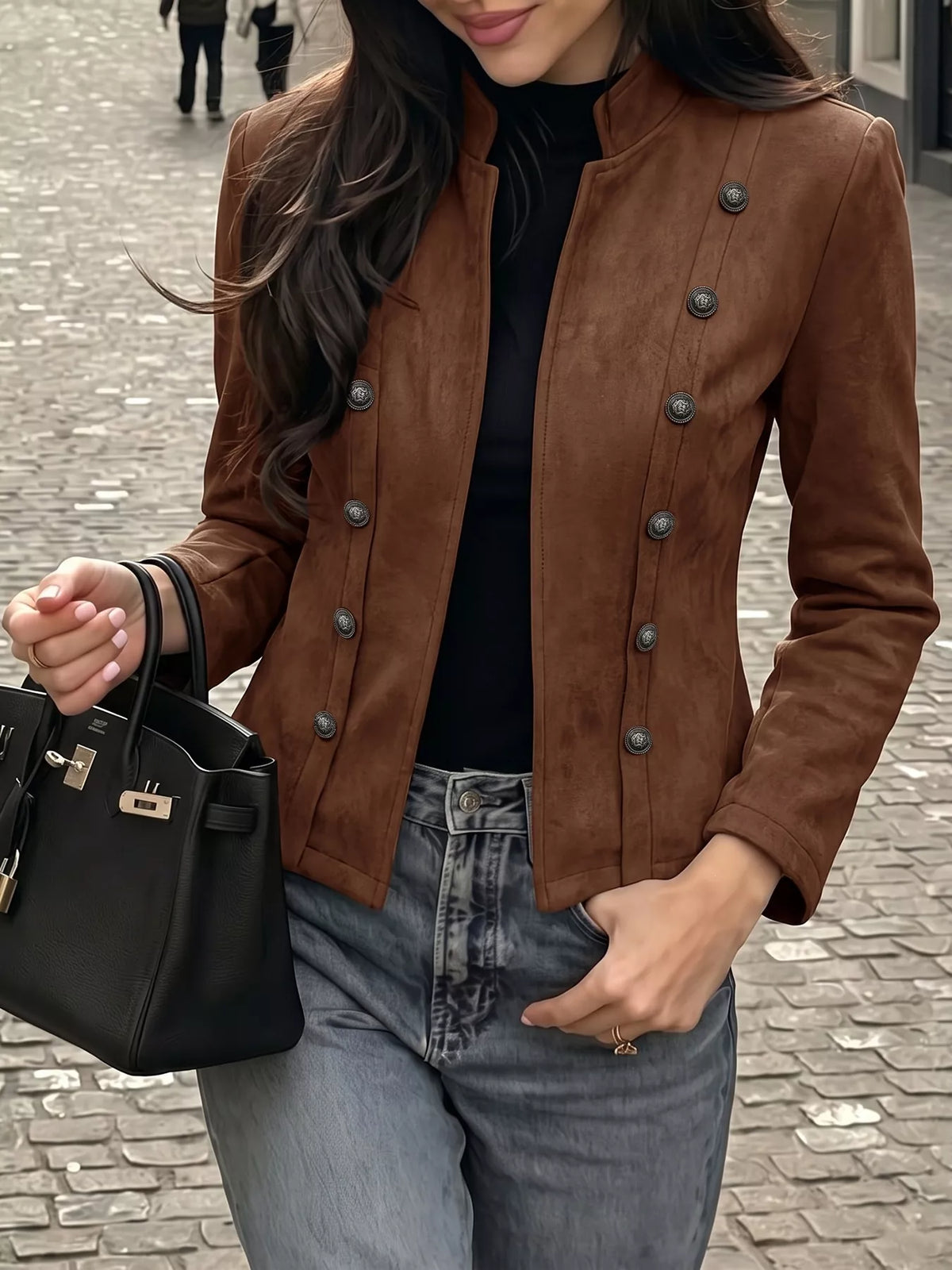 Cropped Stand-Collar Button Jacket
