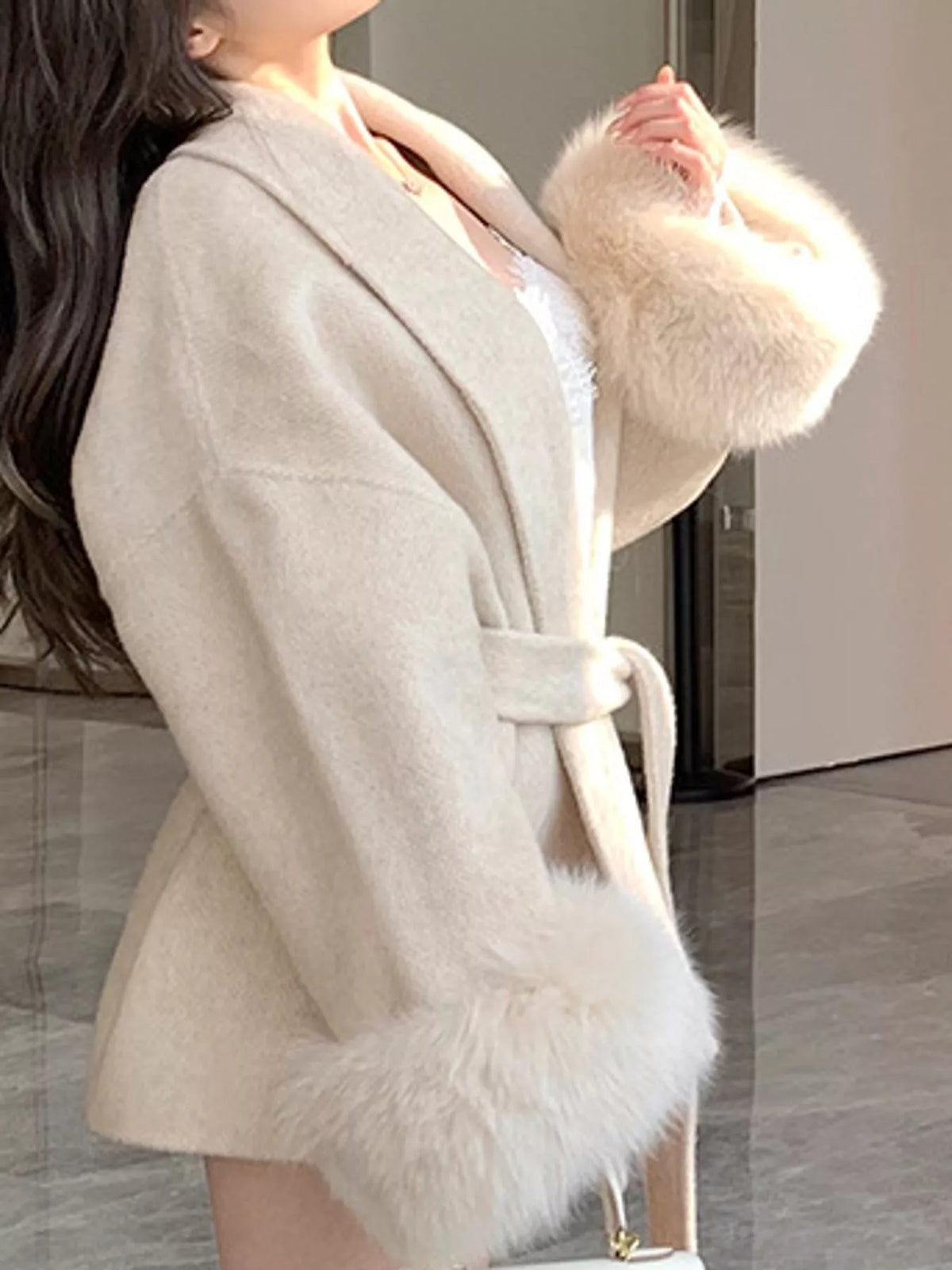 Faux-Fur Cuff Wrap Coat
