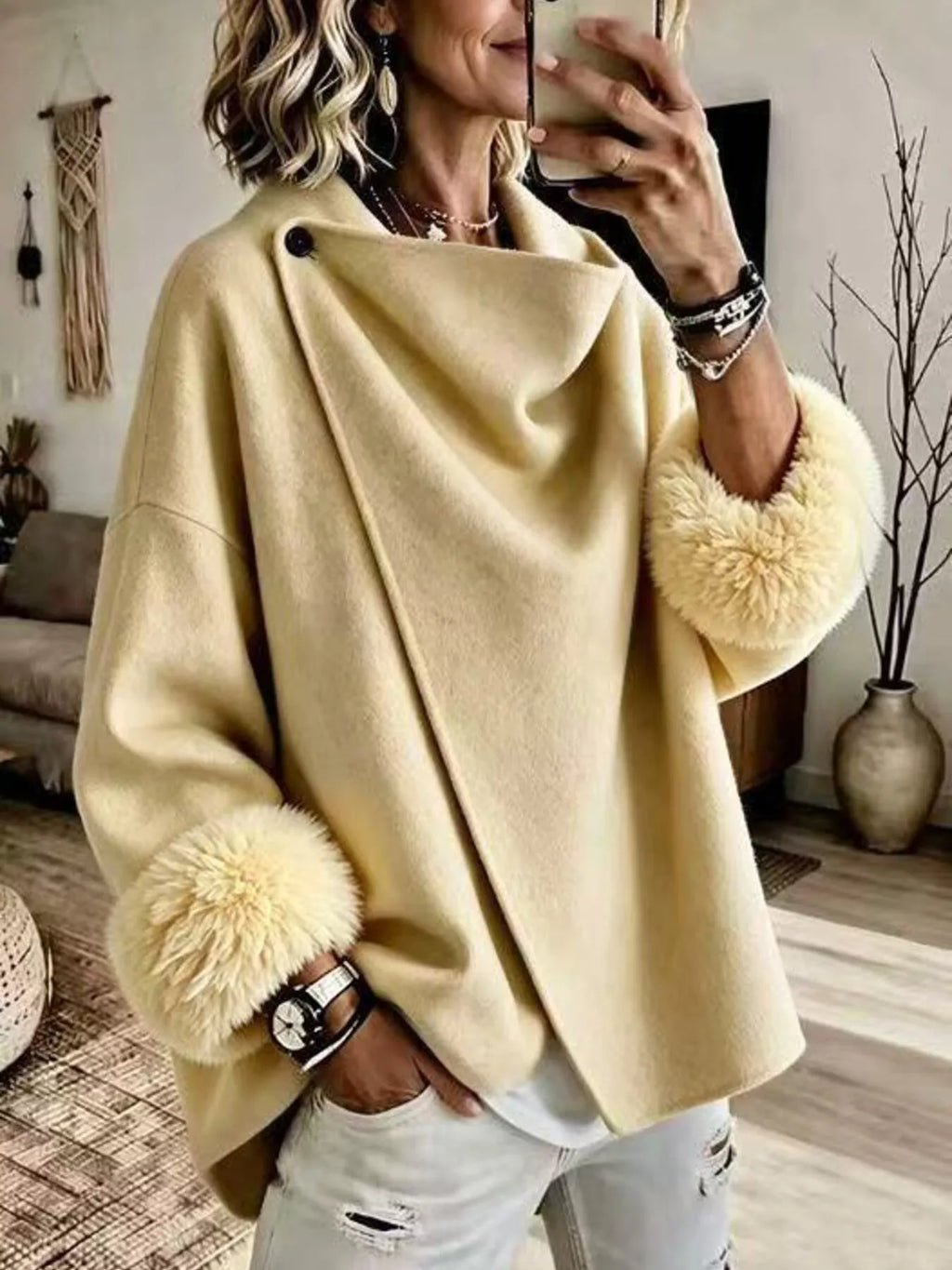 Asymmetric Faux-Fur Cuff Jacket