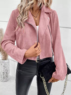 Faux Suede Moto Jacket in Pink, zipper and lapel detail