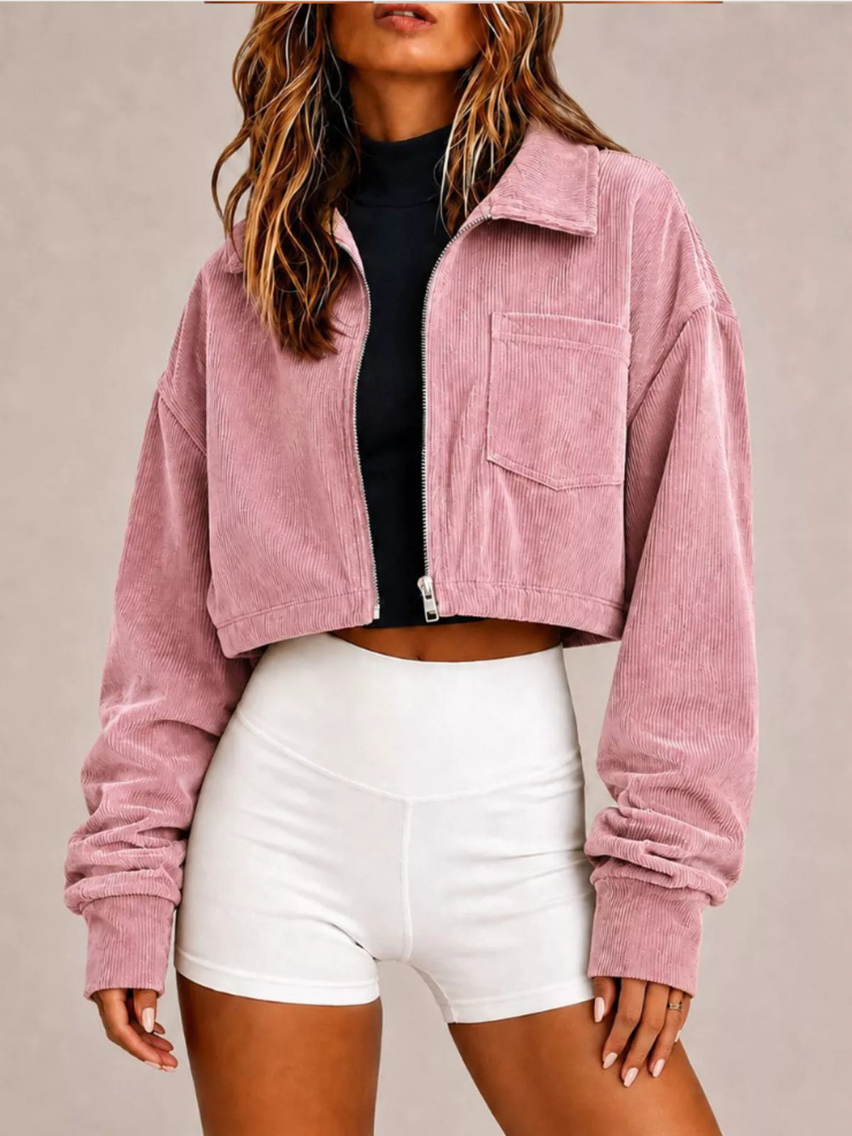 Cropped Corduroy Zip Jacket in Dusty Pink