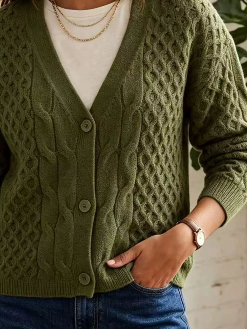 Cable-Knit V-Neck Button-Down Cardigan in Army Green, V-neck, button and knit detail