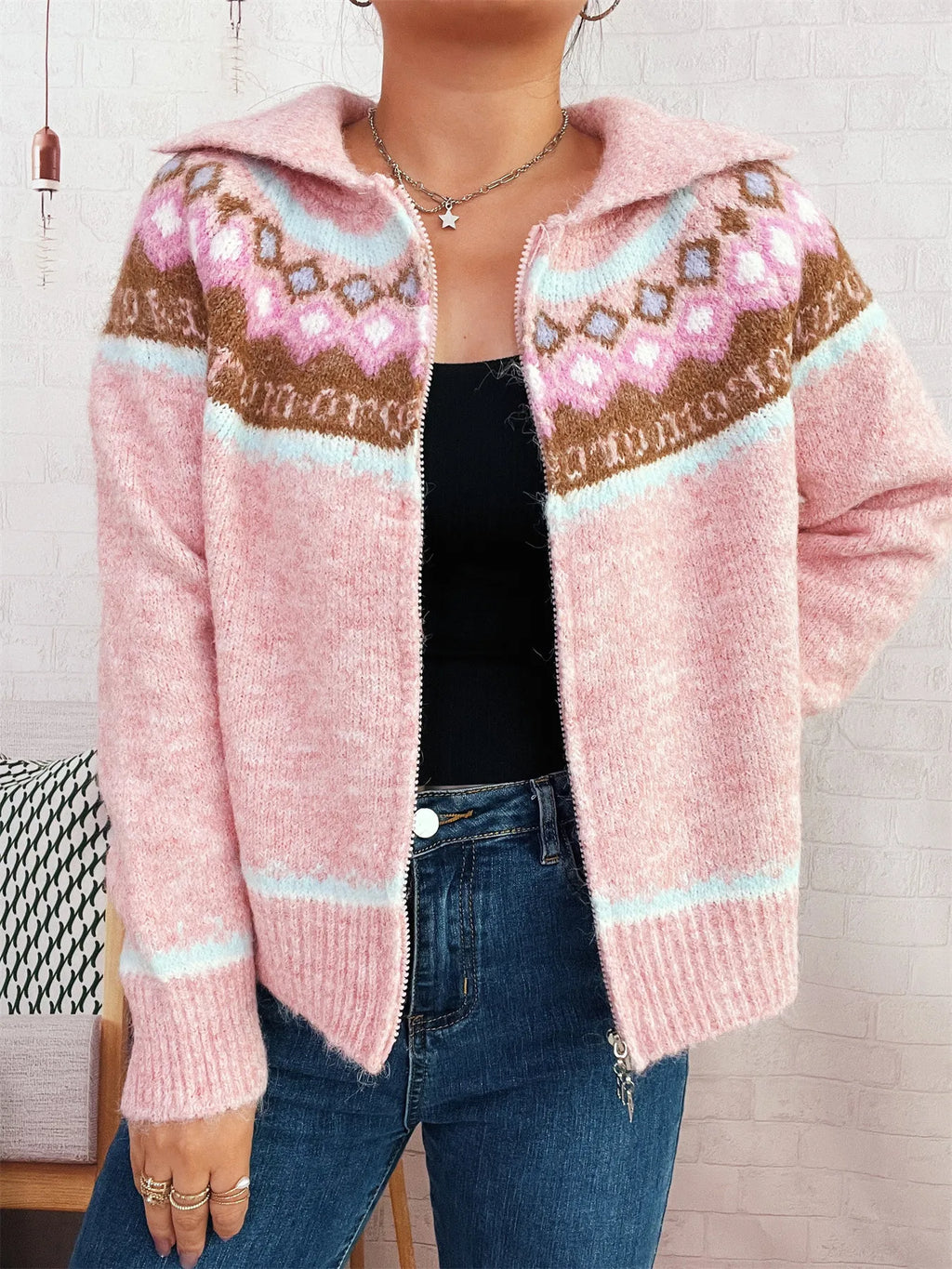 Fair Isle Zip-Up Cardigan in Pink