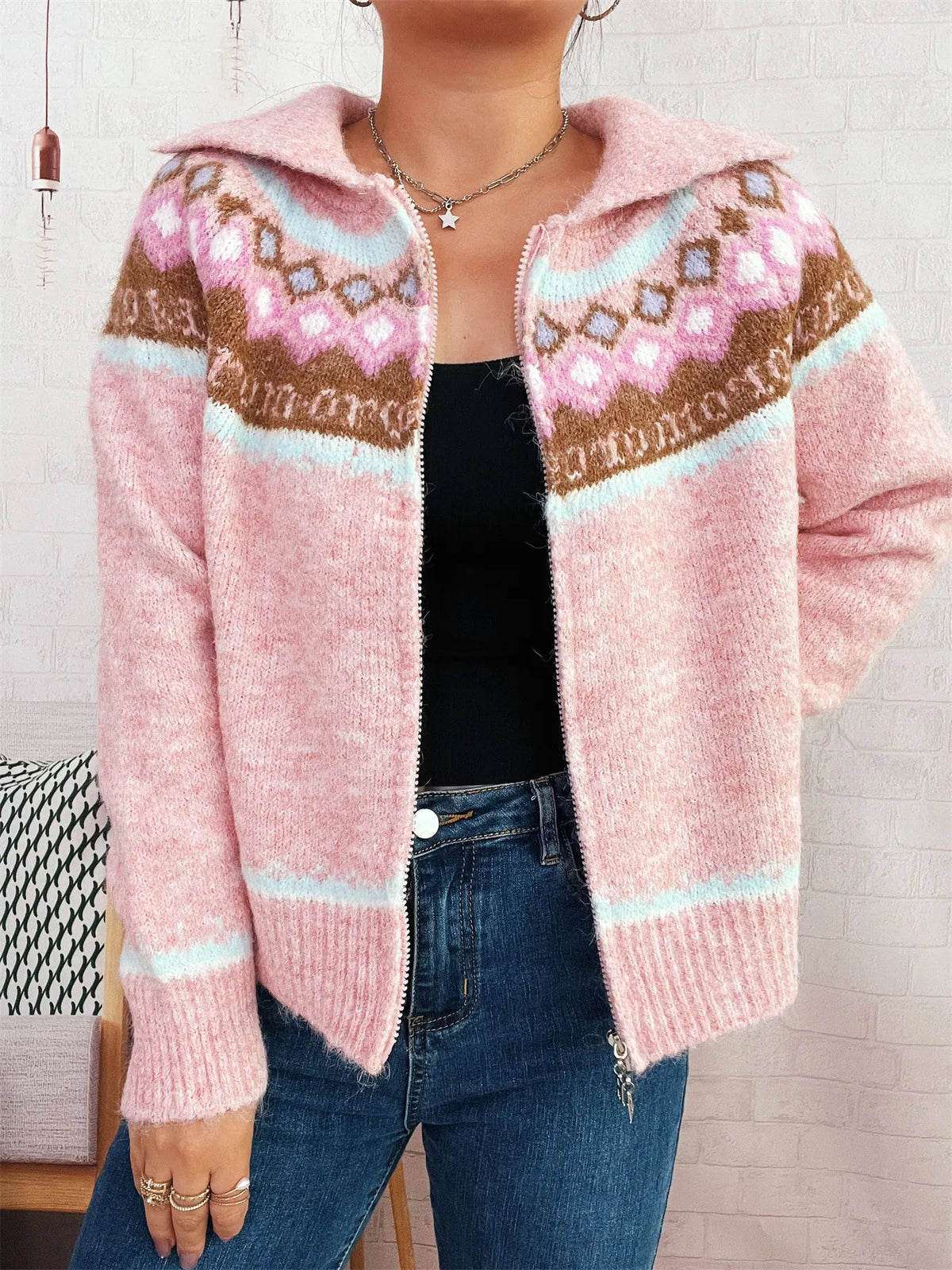 Fair Isle Zip-Up Cardigan in Pink