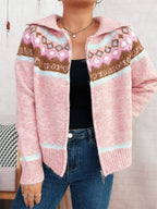 Fair Isle Zip-Up Cardigan in Pink