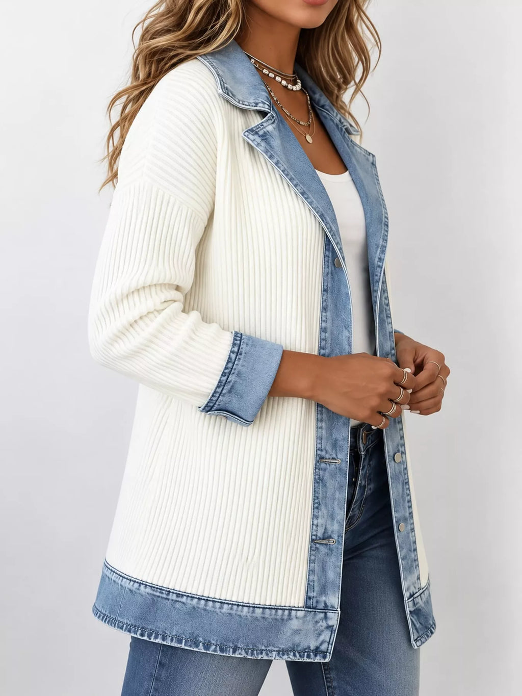Contrast-Trim Ribbed Knit Cardigan, product view 14