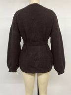 Belted Wrap Cardigan in Chocolate, tied-back view on dress form