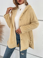 Hooded Fuzzy Button Jacket, view 3