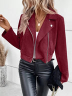 Faux Suede Moto Jacket in Burgundy, front worn view