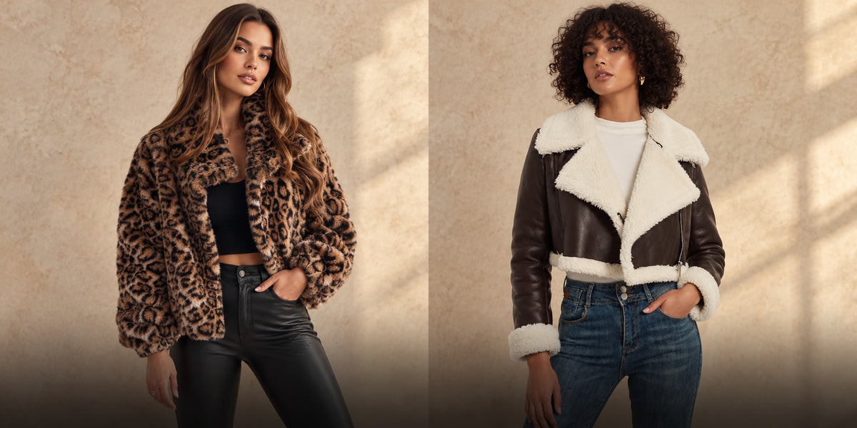 Vale & Rue winter edit: cropped leopard faux-fur jacket and chocolate aviator jacket with cream plush trim