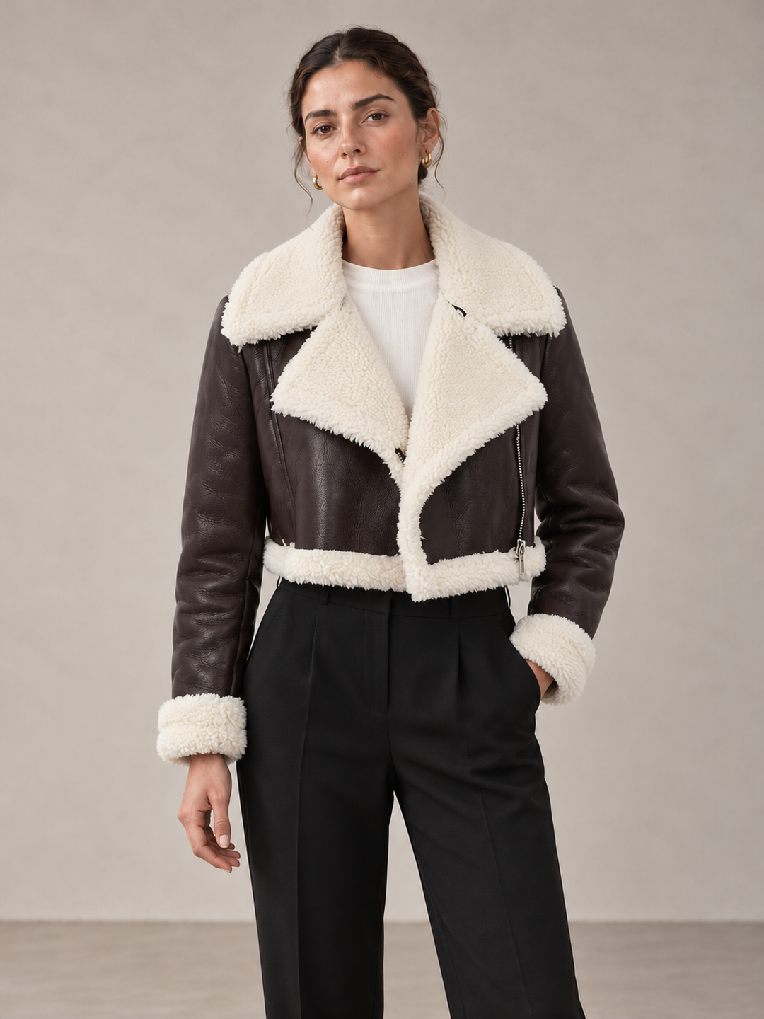 Cropped Plush-Trim Aviator Jacket - styled studio view