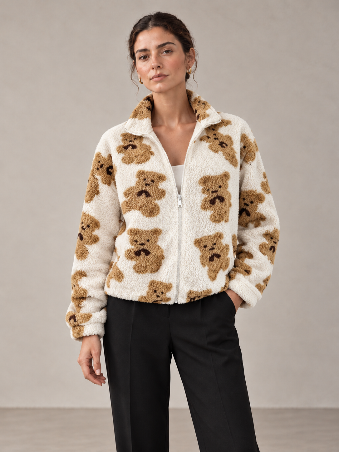 Teddy Bear-Print Fuzzy Zip Jacket - styled studio view