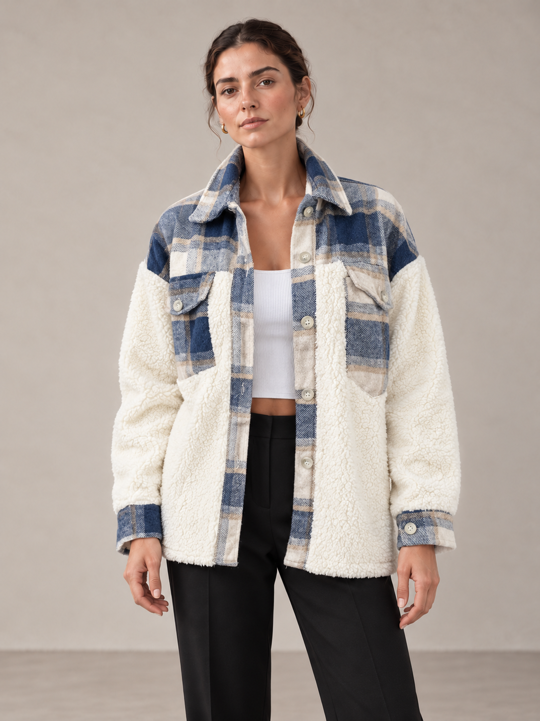 Button-Front Fuzzy Jacket - styled studio view