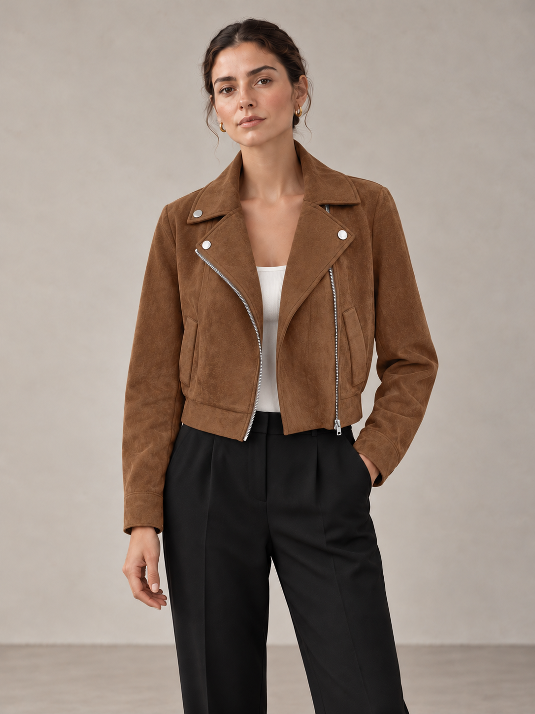 Cropped Faux Suede Moto Jacket - styled studio view