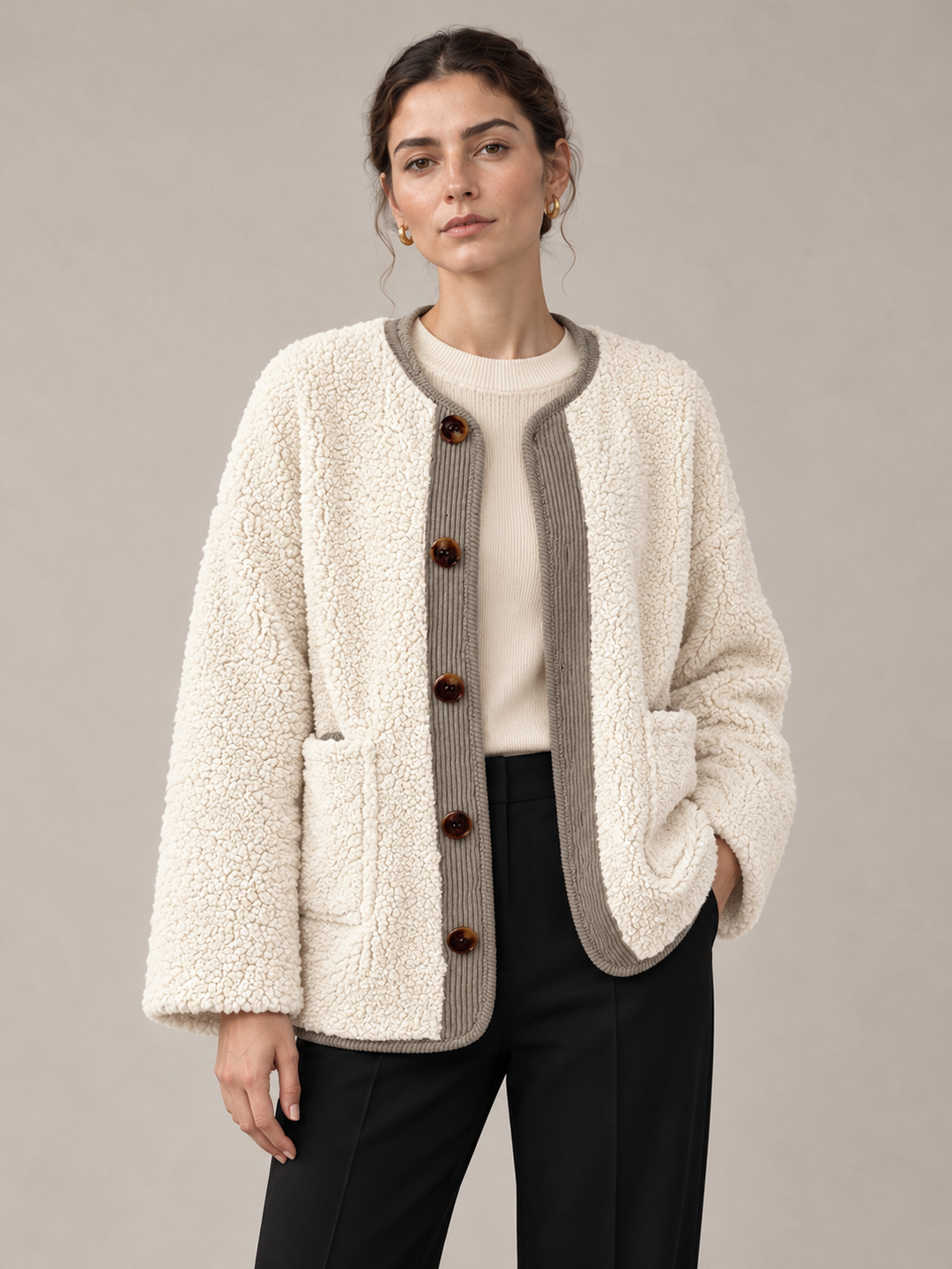 Contrast-Trim Sherpa Button Jacket - styled studio view