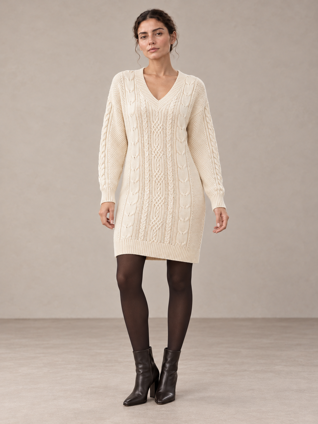 Cable-Knit V-Neck Mini Dress - styled studio view