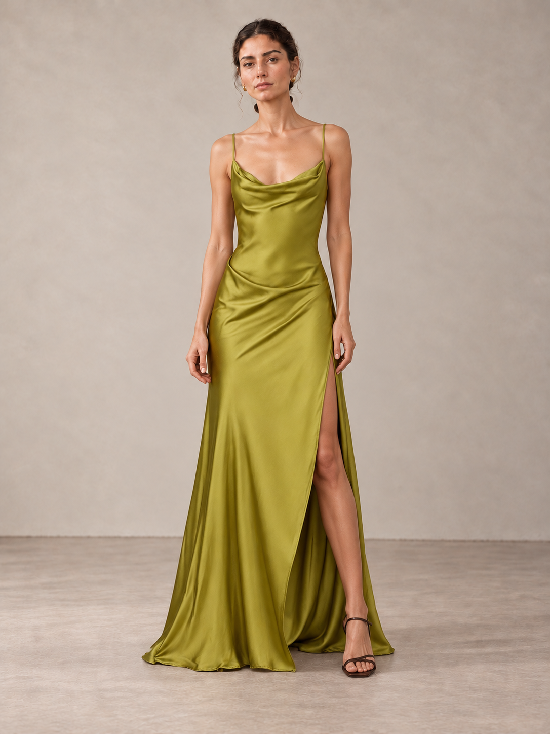 Cowl-Neck Satin Maxi Dress - styled studio view