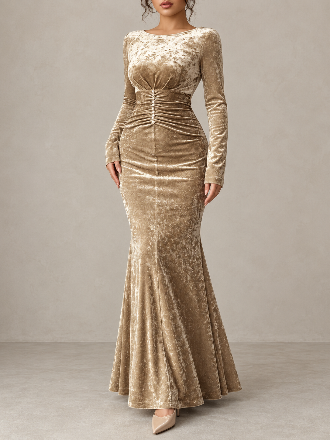 Ruched Velvet Maxi Dress - styled studio view